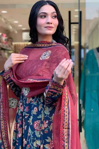 blue cotton printed flared kurta palazzo and dupatta set
