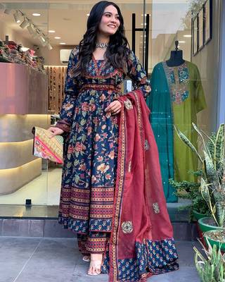 blue cotton printed flared kurta palazzo and dupatta set 4