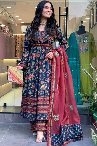 blue cotton printed flared kurta palazzo and dupatta set