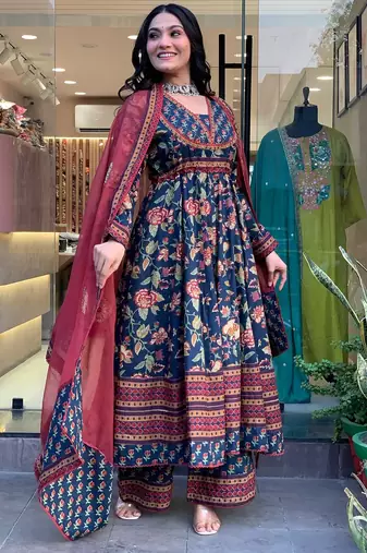 blue cotton printed flared kurta palazzo and dupatta set