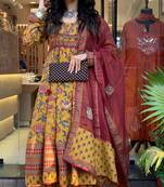 yellow cotton printed flared kurta palazzo and dupatta set