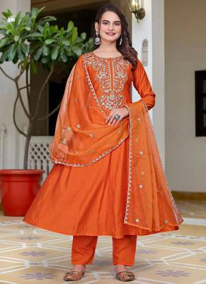 orange vichitra embroidered flared anarkali pant and dupatta set 1