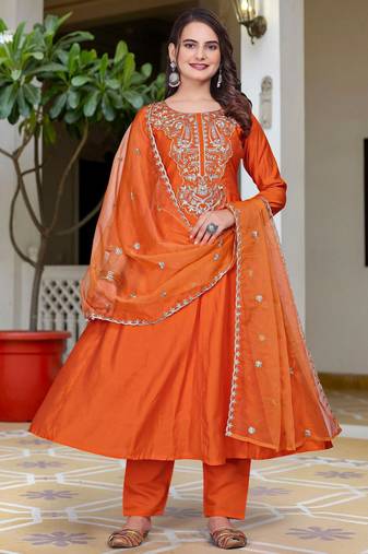 orange vichitra embroidered flared anarkali pant and dupatta set