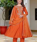 orange vichitra embroidered flared anarkali pant and dupatta set