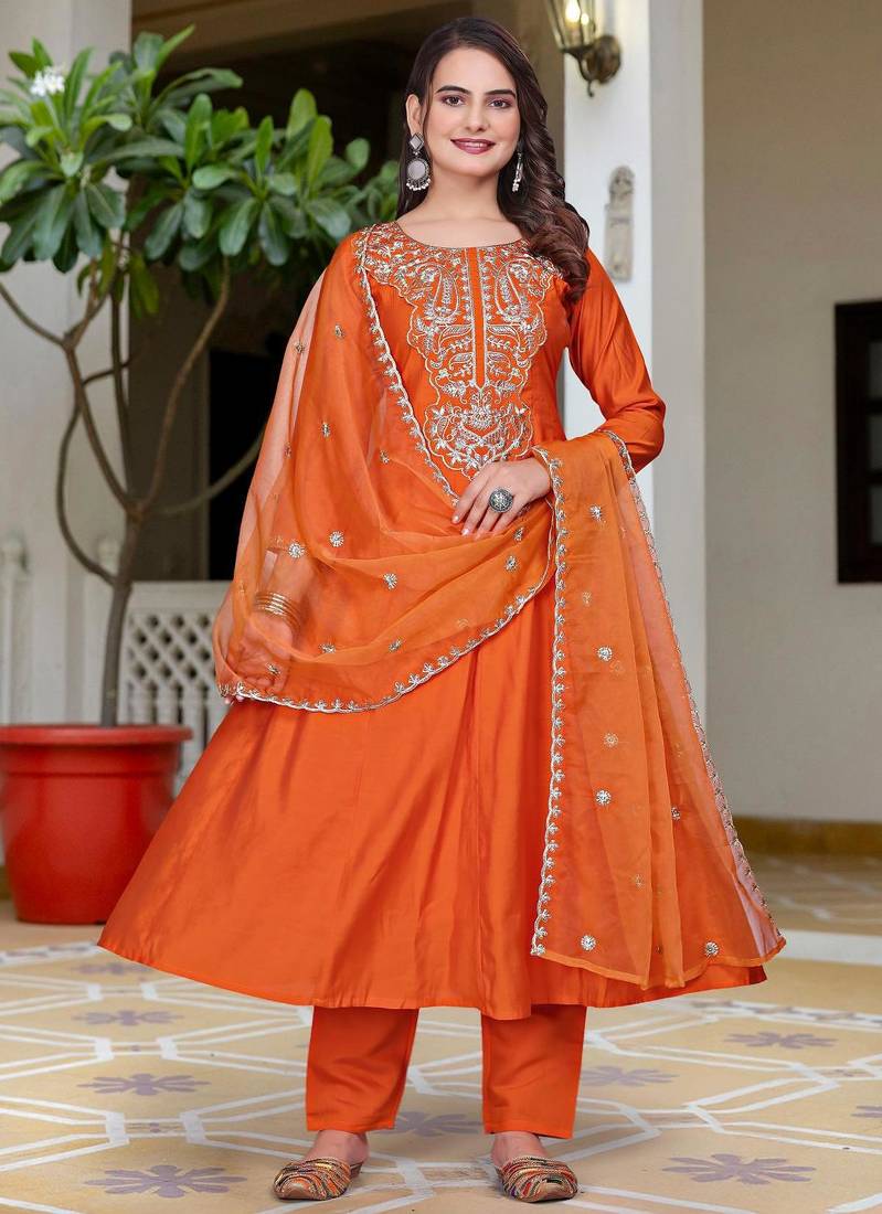 orange vichitra embroidered flared anarkali pant and dupatta set