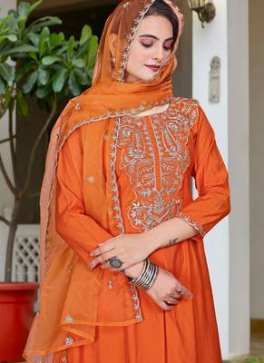 orange vichitra embroidered flared anarkali pant and dupatta set 2