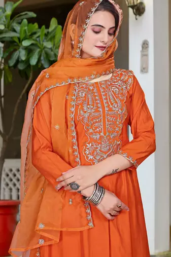 orange vichitra embroidered flared anarkali pant and dupatta set