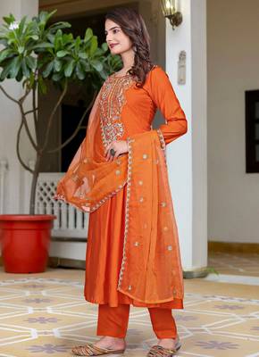 orange vichitra embroidered flared anarkali pant and dupatta set 3