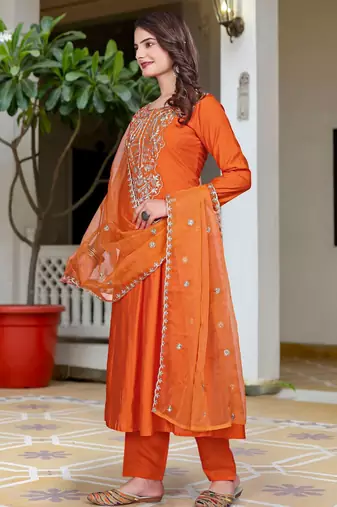 orange vichitra embroidered flared anarkali pant and dupatta set