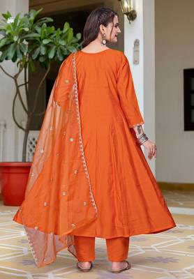 orange vichitra embroidered flared anarkali pant and dupatta set 4