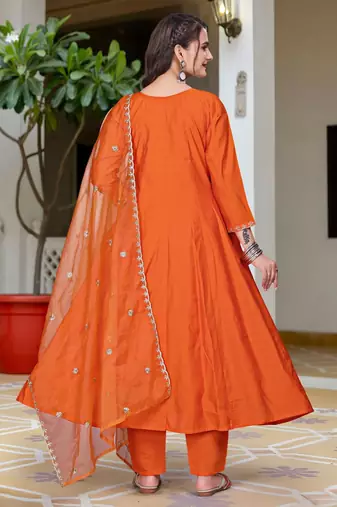 orange vichitra embroidered flared anarkali pant and dupatta set