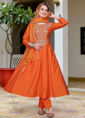 orange vichitra embroidered flared anarkali pant and dupatta set 5