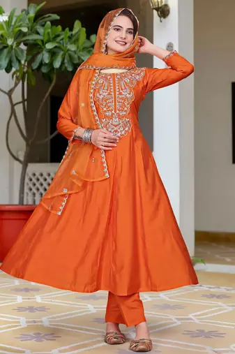 orange vichitra embroidered flared anarkali pant and dupatta set