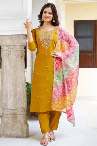 yellow viscose chanderi embroidered straight kurta pant and dupatta set