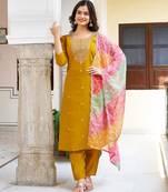 yellow viscose chanderi embroidered straight kurta pant and dupatta set