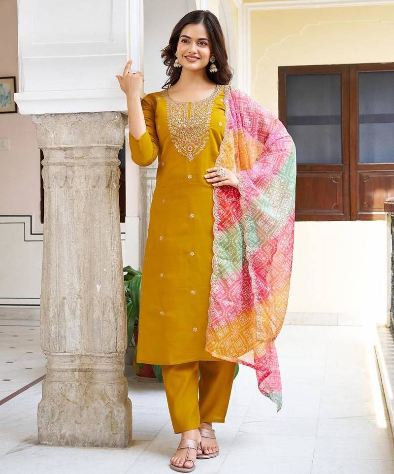 yellow viscose chanderi embroidered straight kurta pant and dupatta set