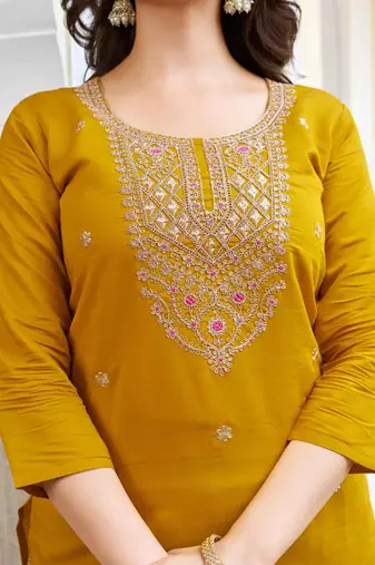 yellow viscose chanderi embroidered straight kurta pant and dupatta set