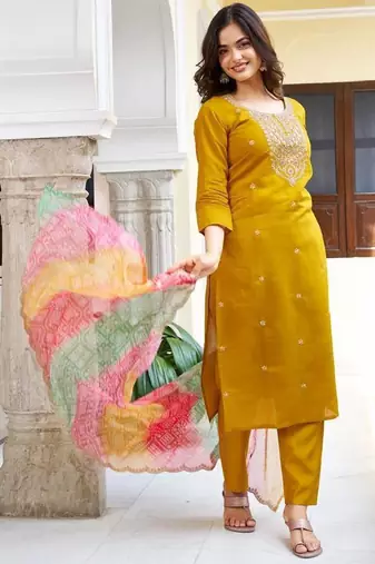 yellow viscose chanderi embroidered straight kurta pant and dupatta set