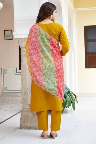 yellow viscose chanderi embroidered straight kurta pant and dupatta set