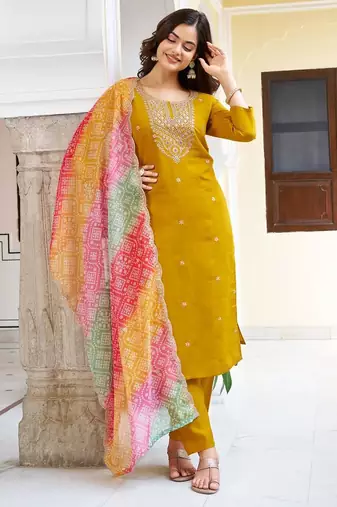 yellow viscose chanderi embroidered straight kurta pant and dupatta set