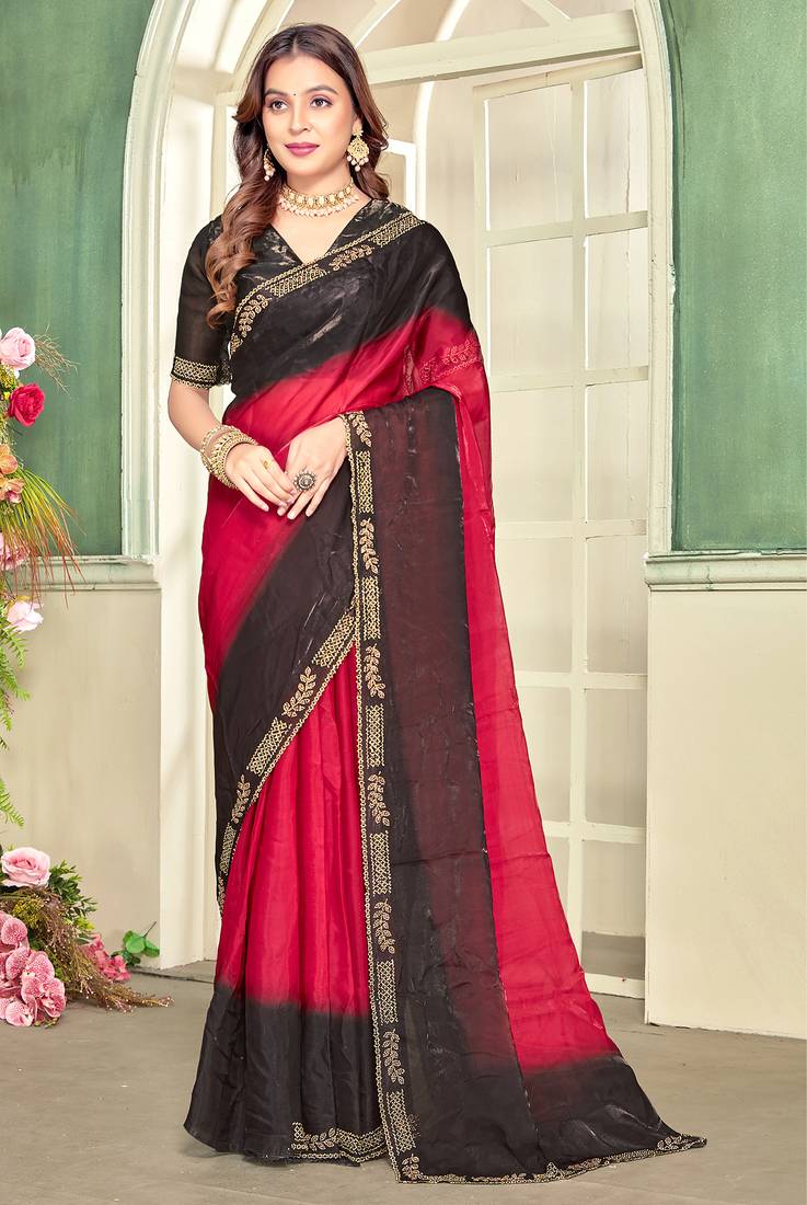 magenta black half n half trending designer saree for women
