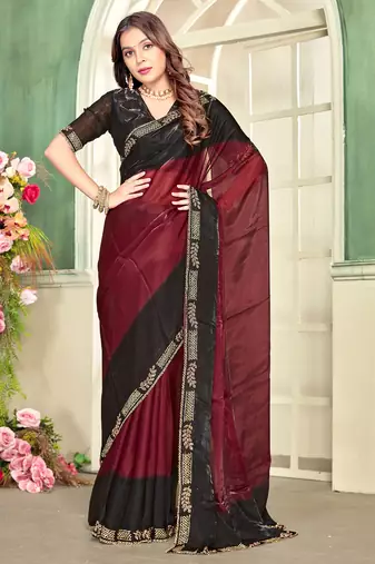 maroon black half n half trending designer saree for women