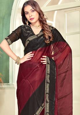maroon black half n half trending designer saree for women 4