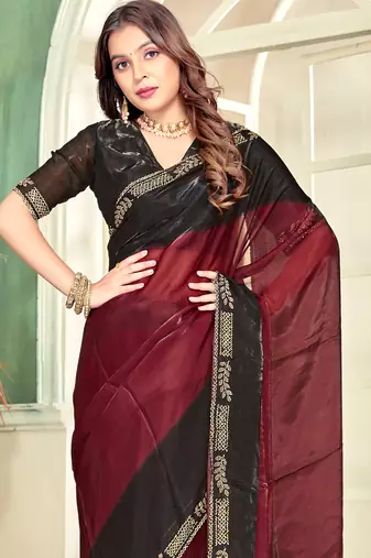 maroon black half n half trending designer saree for women