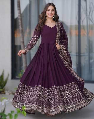 purple georgette heavy embroidered anarkali with dupatta 1