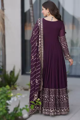 purple georgette heavy embroidered anarkali with dupatta