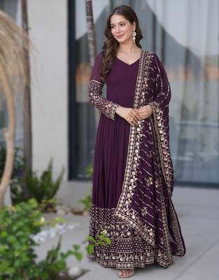 purple georgette heavy embroidered anarkali with dupatta 3