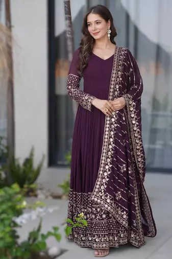 purple georgette heavy embroidered anarkali with dupatta