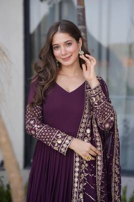 purple georgette heavy embroidered anarkali with dupatta 4