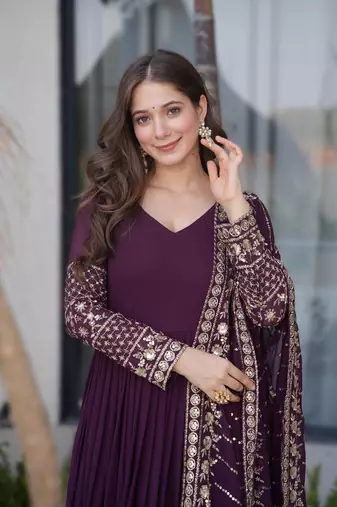purple georgette heavy embroidered anarkali with dupatta
