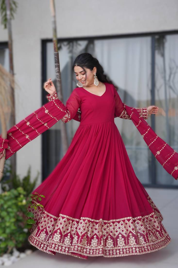 Pink georgette heavy embroidered Anarkali with dupatta