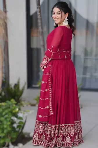 Pink georgette heavy embroidered Anarkali with dupatta