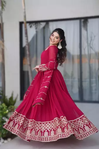 Pink georgette heavy embroidered Anarkali with dupatta