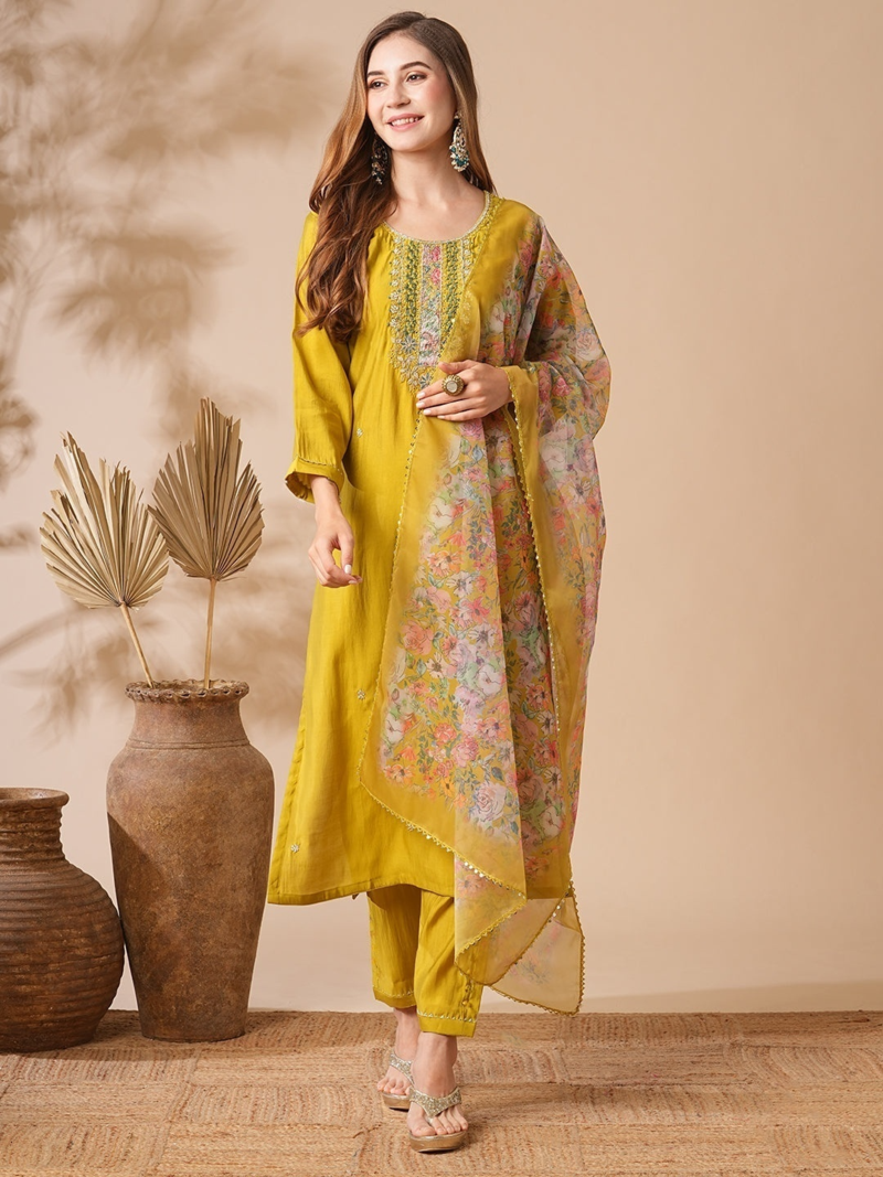 yellow viscose chanderi embroidered straight kurta pant and dupatta set
