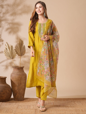 yellow viscose chanderi embroidered straight kurta pant and dupatta set 1