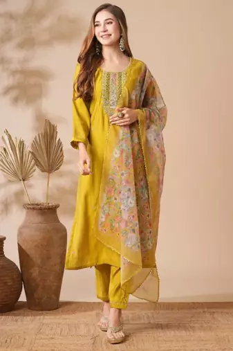 yellow viscose chanderi embroidered straight kurta pant and dupatta set