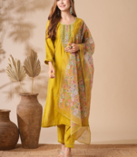 yellow viscose chanderi embroidered straight kurta pant and dupatta set
