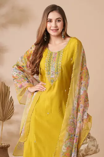 yellow viscose chanderi embroidered straight kurta pant and dupatta set