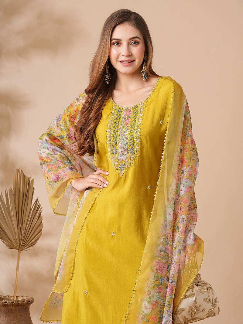 yellow viscose chanderi embroidered straight kurta pant and dupatta set