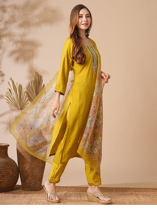 yellow viscose chanderi embroidered straight kurta pant and dupatta set 3
