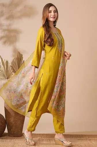 yellow viscose chanderi embroidered straight kurta pant and dupatta set