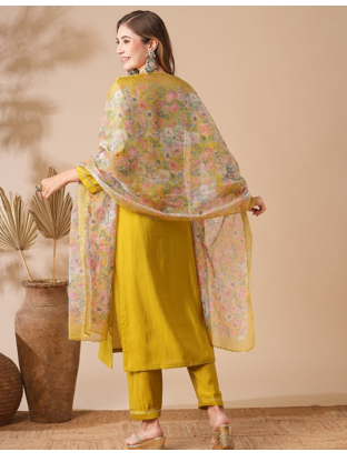 yellow viscose chanderi embroidered straight kurta pant and dupatta set 4