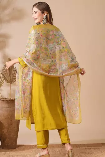 yellow viscose chanderi embroidered straight kurta pant and dupatta set