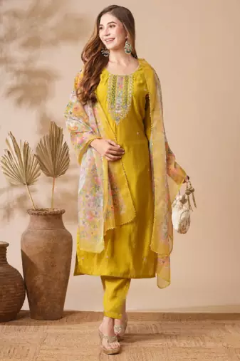 yellow viscose chanderi embroidered straight kurta pant and dupatta set