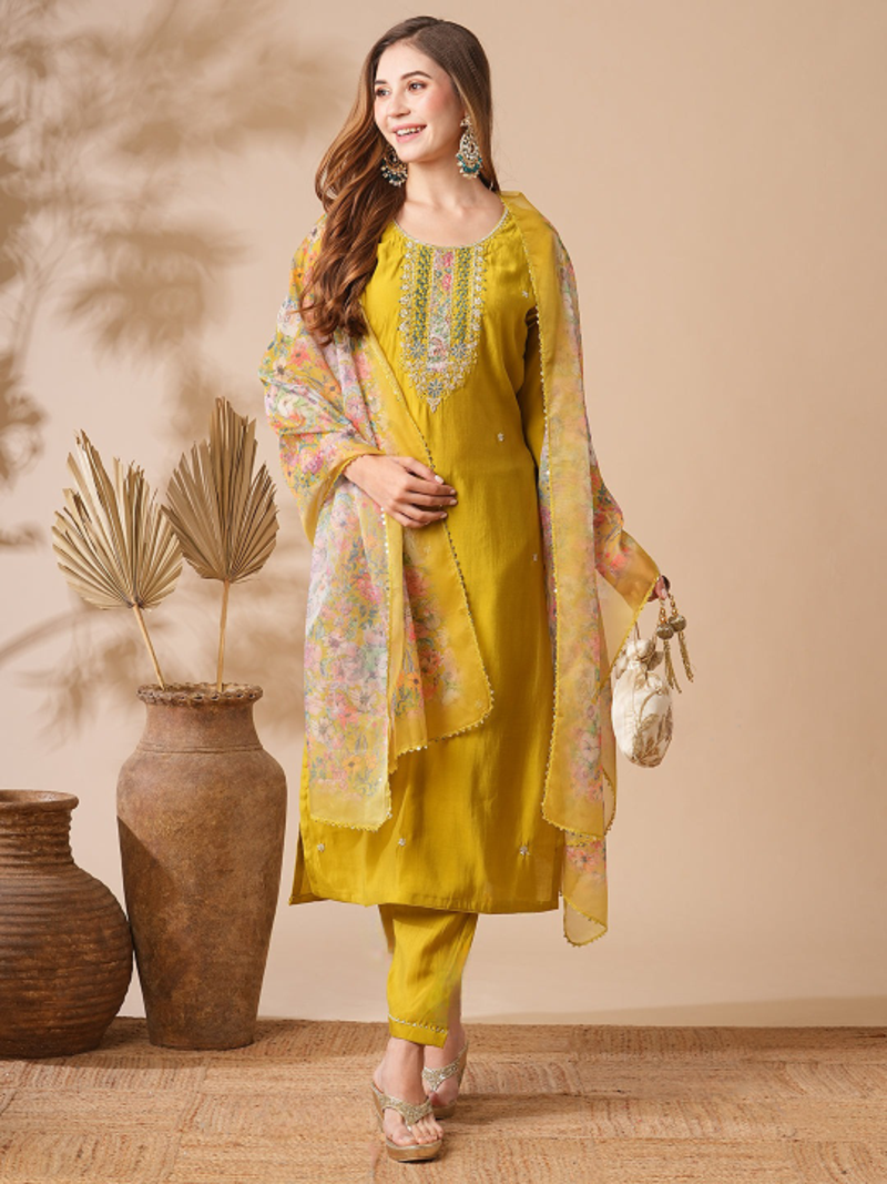 yellow viscose chanderi embroidered straight kurta pant and dupatta set