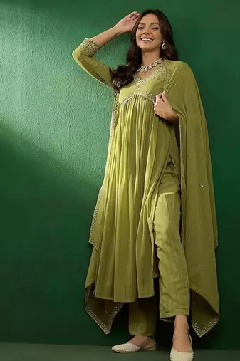 green georgette embroidered straight kurta pant and dupatta set